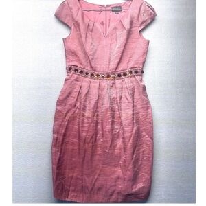 Adrianna Papell Rose Pink Metallic Jeweled Waist Cocktail Sheath Dress SZ 10 MOB